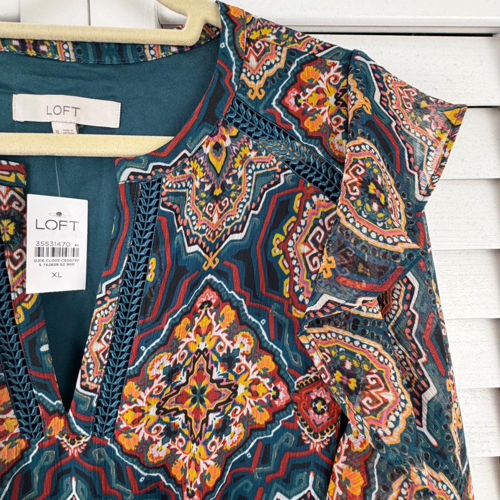 LOFT Midi Dress XL Teal Medallion Print Ruffle Split Neck Long Sleeve NEW - Picture 5 of 16